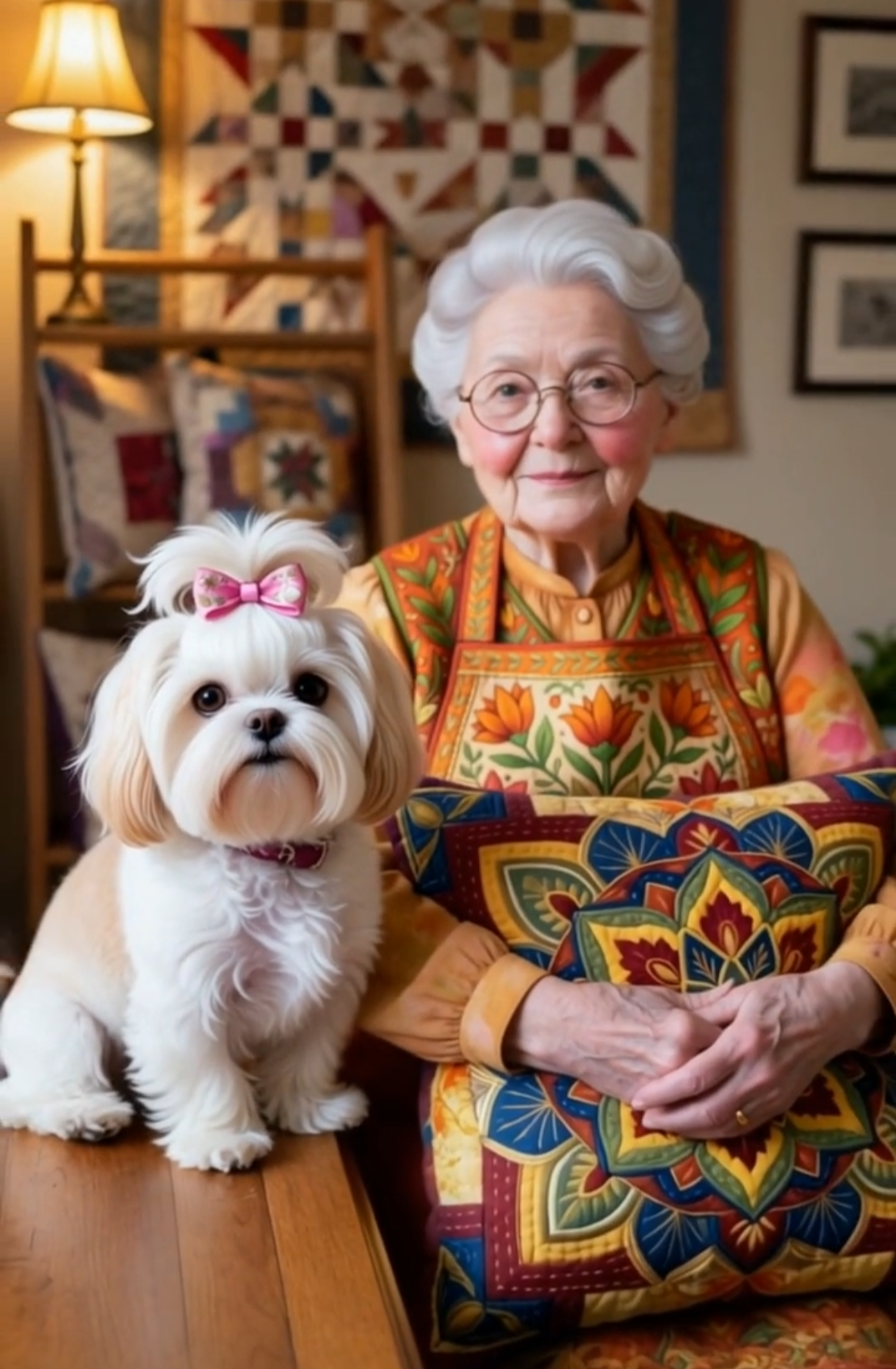 Vovó Antônia com Luna, sua Shih Tzu de laço rosa, no ateliê de patchwork