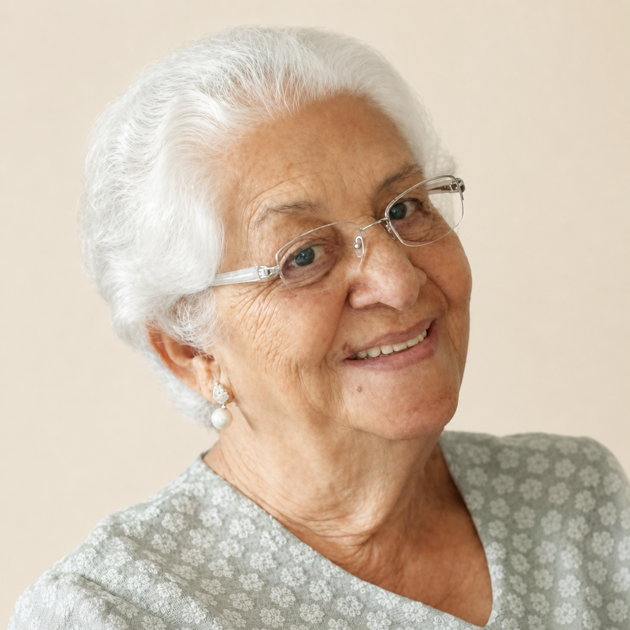 Retrato da Vovó Antônia, sorrindo, cabelos brancos e óculos